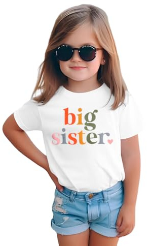 Big Sister T-Shirt Große Schwester Shirt Baby Ankündigung für Mädchen Outfits Sommer Kurzarm Tops Befördert zu Big Sister Tees Süßes Rundhals Tshirt Baumwolle Hemd