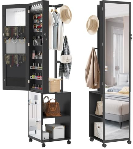 YRHome 5‑in‑1 Schmuckschrank mit Beleuchtung, Spiegelschrank Schmuckaufbewahrung 360° Drehbar mit 4 Rädern & abschließbaren Fächern, Schmuckorganizer mit Haken + beweglich Ganzkörperspiegel Schwarz