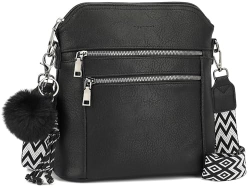 TANTOMI Umhängetasche Damen Mittelgroß, Crossbody Bags Handtasche Damen mit Vielen Fächern Schulterhandtasche mit Verstellbar Abnehmbar Breiter Gurt, Schwarz