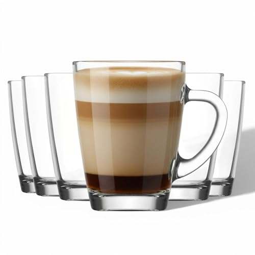 vienberg Vega Teegläser mit Henkel 6er Set (350ml) – Robuste Kaffeegläser & Glühweingläser – Spülmaschinenfest & Hitzebeständig – Mikrowellengeeignete Glastassen für Tee, Kakao & Cappuccino