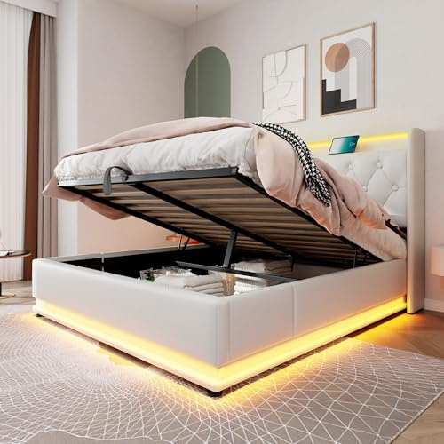 Acpouw Upholstered Ottoman 5ft King Bed with 360 Surround Led Function,Hydraulic Storage Bed Frame with Large Storage Space, Bed Frame with Charging Function,(No Mattress)