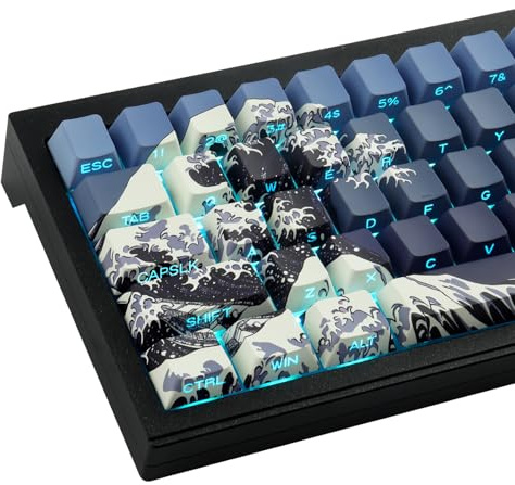 Tsungup PBT-Tastenkappen, 75 %, Seitendruck-Tastenkappen, 131 Tasten, benutzerdefiniertes Farbstoff, kühles Durchscheinendes Tastenkappen-Set, Wave of Kanagawa dunkelblaue Tastenkappen