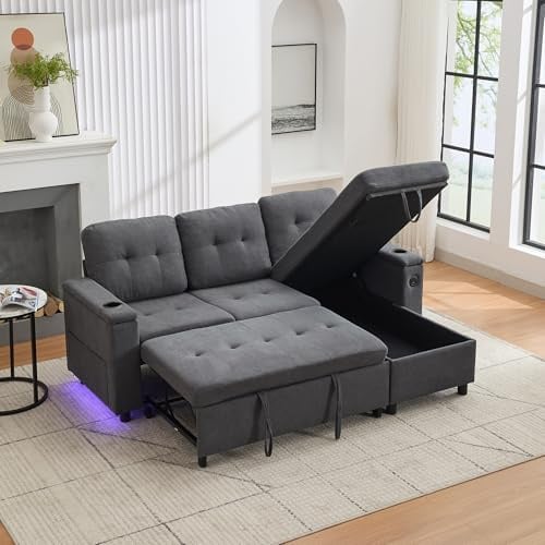 Luscriate Dreisitzer Schlafsofa 208×146 cm – 3-Sitzer-Schlafsofa mit Schlaffunktion, Sofa mit USB & Type-C, Getränkehaltern & Seitentaschen, L-förmiges Ecksofa Treviso, Grau (Grey-B, 3-Sitzer)