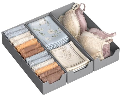 SONGMICS Schubladen-Organizer aus Vliesstoff, Faltbare Aufbewahrungsboxen für Unterwäsche und Socken, 19/22 x 50 x 10 cm, 3er Set, Grau, Schrank-Organizer, Tina Kollektion RUS017GD01