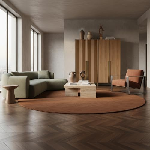 KADIMA DESIGN Schlafzimmerteppich Unifarben Elegant Pflegeleicht Modern Waschbar Rund Braun 160x160 cm Schlafzimmer Fußbodenheizung geeignet Schadstoffgeprüft | Lech