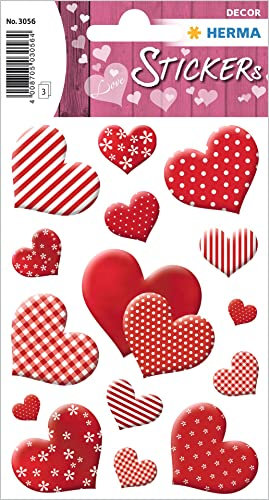 HERMA 3056 Aufkleber Herzen Rot Weiß klein groß, 45 Stück, Herz Sticker mit Muster, Etiketten in Herzform für Valentinstag Liebe Hochzeit Geburtstag Scrapbooking Dekoration Geschenk Briefe DIY Basteln