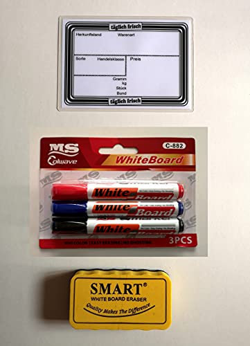 20 laminierte Preisschilder 111 x 154 mm weiß + 3 Marker + 1 Schwamm zum Löschen für Obst und Gemüse mit Aufdruck Werbesymbole