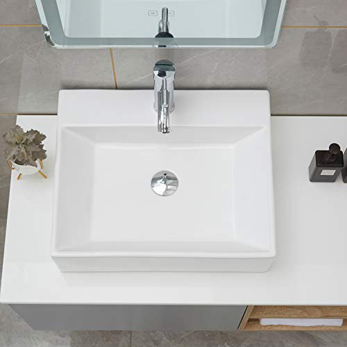 PetusHouse Ensemble lavabo de salle de bain et bonde pop-up rectangulaire, en porcelaine blanche et céramique
