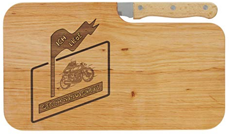 LASERHELD | Brotzeitbrett Holz mit Gravur “Ich liebe Geschwindigkeit” & Messer | 26 x 15 cm | Frühstücksbrettchen Holz Schneidebrett Jausenbrett | Geschenk für Rennfahrer zum Vatertag