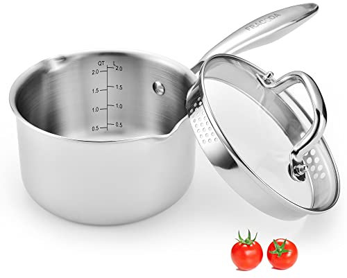 Fracoda Casserole en acier inoxydable de 2 litres avec couvercle passoire en verre, casserole à deux becs latéraux, casserole de cuisson à induction, casserole multifonction avec couvercle pour la