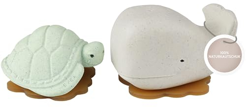 HEVEA Drücken und Spritzen Wal & Schildkröte Badewannenspielzeug - 100% Naturkautschuk Baby Badespielzeug - Perfekt für Spielen, Pool und Baden (Frostig weiß & Salbei)
