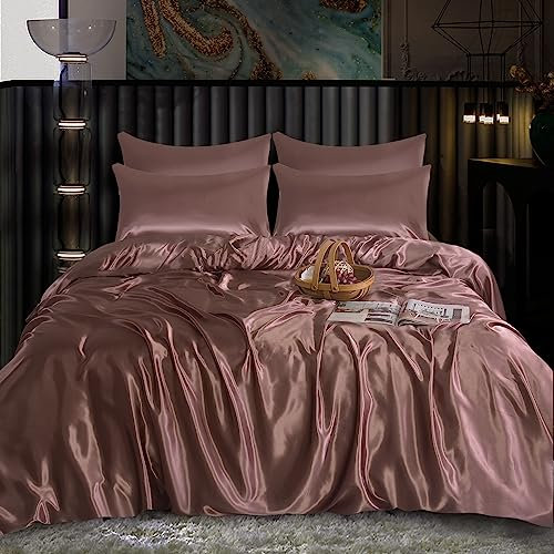 ROOEE Set completo di biancheria da letto in raso di seta, 6 pezzi, lenzuolo con angoli, copripiumino, 4 federe. Colore: rosa cipria, misura king size