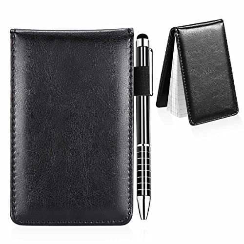 PUERHUACI Pocket Notizbuch,Mini Notizblock A7 Set, PU Leder Schwarzer Einband Mit Mini Kugelschreiber,Kleiner Leder Notizblock Halter 8.6 * 13.8cm Multifunktions-Notizbuch