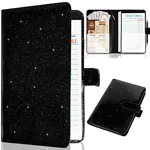 Livre de serveur pour serveuse, organiseur de livre de serveur en cuir avec poche zippée, portefeuille bling pour argent et porte-stylo, organiseur de serveuse de restaurant, noir pailleté