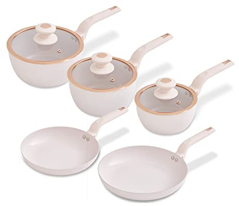 Tower T800232PNK Cavaletto 5 Piece Cookware Pan Set with 16cm, 18cm, 20cm Saucepans and 24cm, 28cm Non-Stick Frying Pans, Pink & Rose Gold