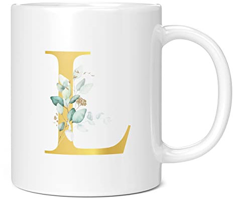 Personalised Letter L Floral Mug Initial, Customised Gift, Gold Effect Printed Letter, NOT Metallic - Ceramic Coffee Cup for Men or Women, Extra Large and Giant Mug, 20oz White Mug