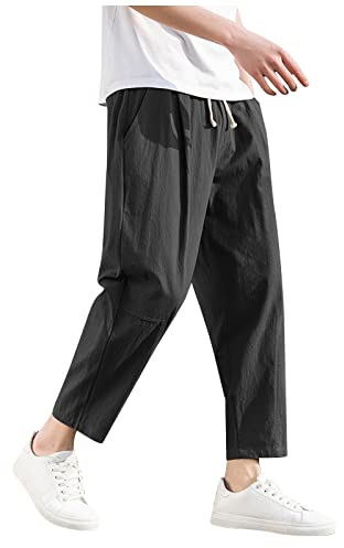 KONG JIMFAN Herren Leinenhose Bund Farbe Pure Beach Yoga Lange Hose Lounge Atmungsaktive Strandhose mit weitem Bein für Herren