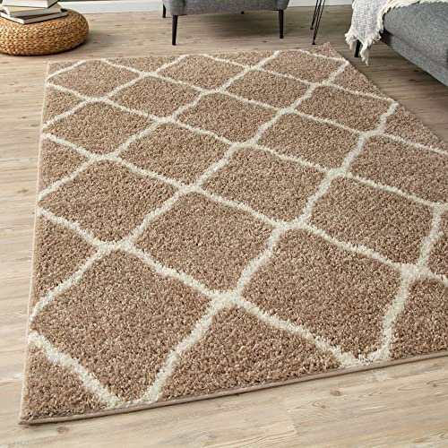 THE RUGS Shaggy Rug – Modern Moroccan Design Rugs for Living Room, Bedroom, Hallway, 3 cm Thick Area Rugs, (Moroccan Beige/Ivory, 60x110cm)