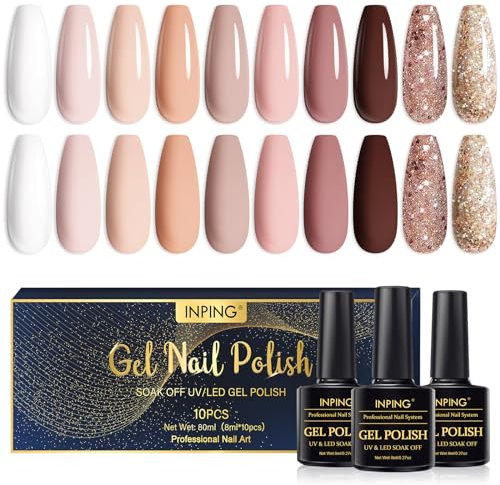INPING Nude Gel Polish, 10 Colors Natural Bare Beige Apricot Wihte Dark Brown Nude Pink Glitter Nail Varnish Soak Off UV/LED for Women Home Wedding Nail Art Salon French Manicure Kit, Long Lasting