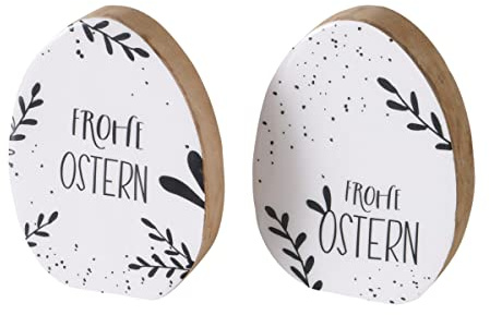 RiloStore 2 STK Ostereier Frohe Ostern schwarz Weiss n576 zum Stellen aus Holz Ostern Holzeier 14cm Mangoholz Dekoeier Aufsteller Osterschmuck Geschenk Dekoration Eier