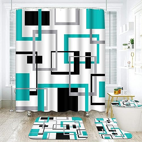 Geometrische Türkis und Grau Badezimmer-Sets mit Duschvorhang und Teppichen und Zubehör, schwarz und grau, Duschvorhang-Sets, grüne Badezimmer-Dekoration, 4 Stück