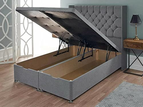 J&S Offical Divan Ottoman Bed Endlift Storage Gas Lift Up 54 Upholstered Headboard Handmade in UK No Mattress (5Ft King Size Pebble Plush Velvet)