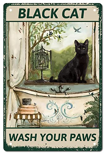 CREATCABIN Schwarze Katze Metall Blechschild Badezimmer Metall Poster Vintage Retro Wanddekoration Wandbild Aufhängen Malerei Plakette Lustig Für Zuhause Küche Badezimmer Wandkunst Dekoration 30x20cm