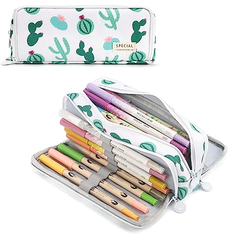 TOYESS Large Capacity Pencil Case for Girls and Boys, Pencil Case with 3 Compartments for Women, Aesthetic Pencil Bag for Kids and Students, Cactus