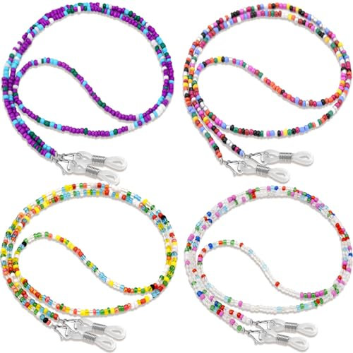 BILIONE Brillenketten mit Perlen für Damen und Mädchen, Sonnenbrillenhalter um den Hals, Acryl-Brillenaufhänger, 4 Stück, Lila, Rosa, Bernstein, Pfirsich, 27 inch