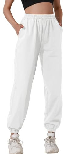 HAPYWER Jogginghose Damen Baumwolle Jogger Lang Sweathose Baggy Lässige Hose mit Taschen Sweatpants Oversize Sporthose Weit Casual S-XXL(A-weiß-0,XL)
