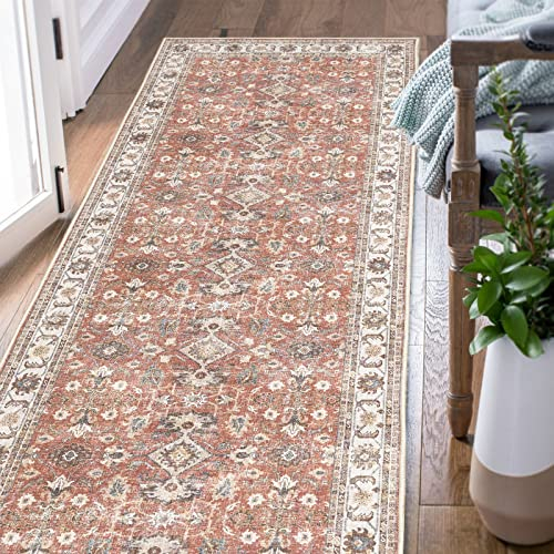 TOPICK Area Teppich Wohnzimmerteppich Vintage Blumenteppich rutschfest Faltbar Dünner Waschbar Läufer Bodenbelag für Innenbereich Büro Schlafzimmer Küche 60x180cm Ziegelrot