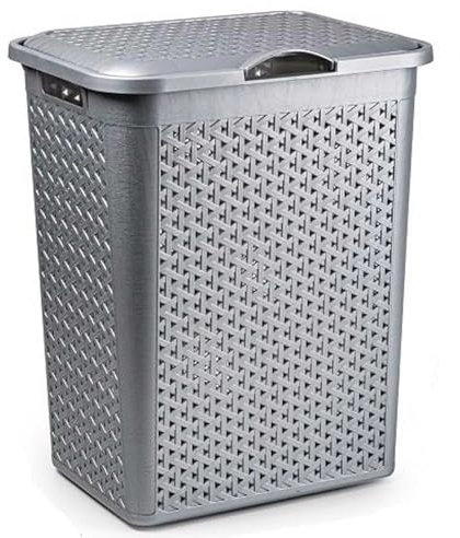 Acan Tradineur - Cesto para Ropa Sucia con Tapa y Asas, pongotodo de plástico, Cubo para Colada, imitación de Mimbre, Fabricado en España (Plata - 38 litros - 49 x 38,5 x 29,5 cm)