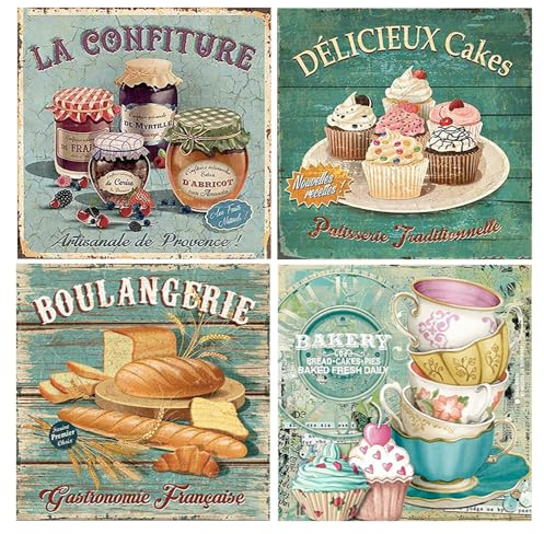 DCIDBEI 4 Pack Diamond Painting Erwachsene Vintage 30x30 cm Diamond Painting Vintage Kaffeetasse Diamond Painting Kaffeetassen Diamond Painting Kaffee und Brot Kuchen Bilder Diamant Painting Dose