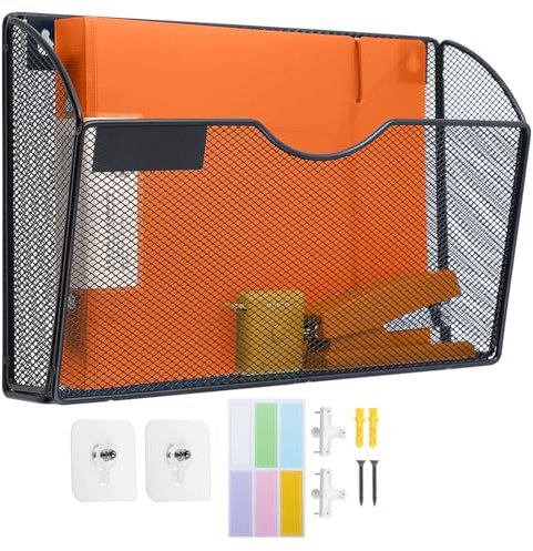 PLSOPPKG 1 Tier Hanging Wall File Holder, Metal Mesh Magazine Rack, A4 Wall Pocket File Holder, Mail Organiser Magazine Storage Rack, Wall Mounted File Organizer, Black