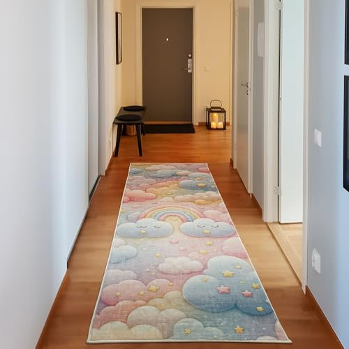 ABAKUHAUS Cartoon-Himmel Dekorativer Teppich, Traum Stern Kawaii Wolke, Hochwertiger Flächenteppich für Schlafzimmer und Wohnzimmer, 76x229 cm, Schamesröte Senf