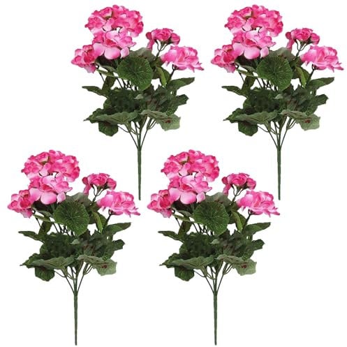 FOERPL 4pcs 14in Artificial Geraniums Fake Silk Pink Flowers Outdoor UV Resistant for Garden Plants Bush Home Decor