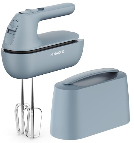 Kenwood QuickMix Go HMP40.000GY Batteur électrique portable avec sac intégré, bouton de libération SureEject, fouet en acier inoxydable et crochet pétrisseur inclus, cuillère à mesurer, 350 W, bleu