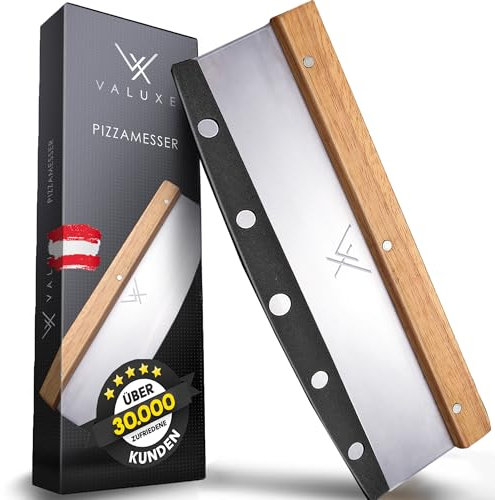 VALUXE® Premium Pizzamesser aus Edelstahl & Holz - Profi Pizzaschneider Wiegemesser effektiver als Pizzaroller – Handlicher 32cm Pizza Cutter - Pizza Messer für gleichmäßiges Schneiden