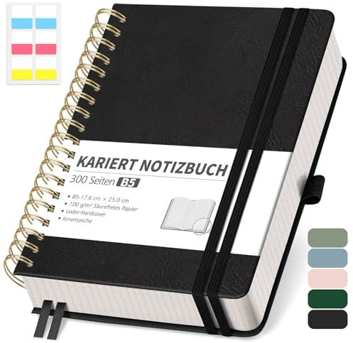 RETTACY Notizbuch B5 kariert, Bullet Journal mit 100 g/m² Dickem Papier, 150 Blatt, Collegeblock für Büro und Schule, Lederhülle, Schwarz, 17.6 cm x 25 cm
