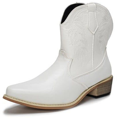 Stivali da cowboy da donna in stile western, stivali classici a punta con tacco grosso, stivali alla caviglia a metà polpaccio, bianco, 37 EU