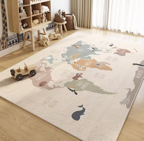 Kinderteppich Waschbar Teppiche Fußmatte für Wohnzimmer Schlafzimmer Kinder Blau Spielteppich Krabbelmatte Teenager Junge Kinderteppich Spielteppich Babymatte Weich Tier Löwe (Beige 1, 100x120cm)