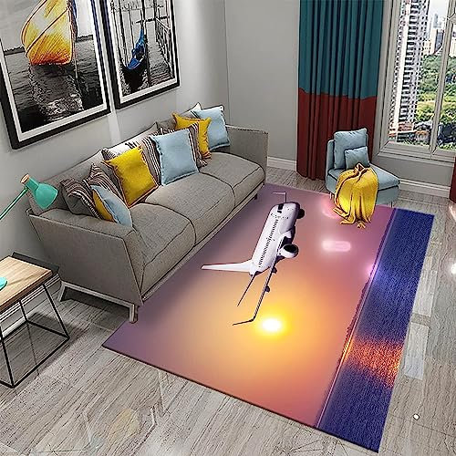 Sonnenuntergang, Meerblick, Flugzeug, Kinderteppich, 3D, 140 x 200 cm, bedruckt, rutschfest, quadratischer Teppich, rutschfest, für den Haushalt, Sofa-Bodenmatte – weiches Polyester Octopus feet