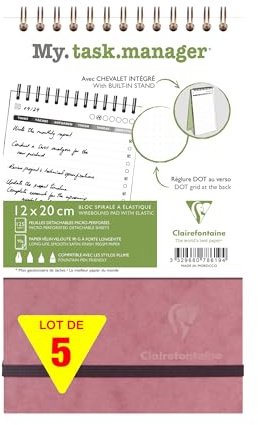 Clairefontaine 786196Cpack - Packung 5x Spiralblock My task manager, Age Bag 12x20 cm 250 abtrennbare Seiten (125 Blatt) 90g Rückseite dot Rosa 1 Pack