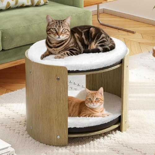 BingoPaw Panier Chat Moelleux Lit Surélevé, Maison Niche pour Chats d'Intérieur à 2 Niveaux avec Coussin Amovible Lavable Rembourré 45.5x45.5x38.5cm