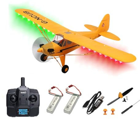 Park10 Toys J3-CUB Avion radiocommandé 5CH pour adultes 1406 Moteur sans balais 3D6G à aile fixe Avion RC avec pièces remplaçables (jaune 2B + LED)