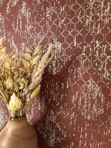 Newroom Tapete Braun Vliestapete Ornamente - Glanztapete Vintage Rot Gold Metallic Mustertapete Retro Retro Klassisch inkl. Tapezier-Ratgeber