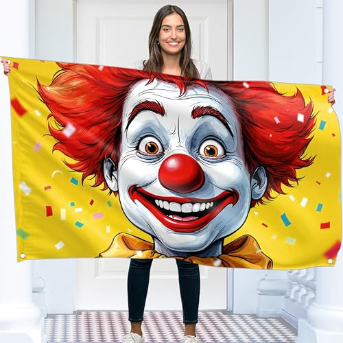 Clown Flagge – Groß Lustige Flagge – Beidseitiger Druck – 110D Polyester – Doppelnaht – 2 Messingösen, groß 90x150 cm (5 x 3 Fuß)