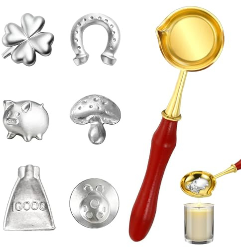 Zinngießen Set Silvester Spiele, Glücksbringer Silvester Deko, Alternative zum Bleigießen, mit 6 Zinnfiguren und 1 Löffeln, für Gesellschaftspiele & Partyspiele, Neujahrsgeschenke
