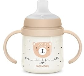 Suavinex, Tasse Apprentissage Bébé, Biberon avec Poignée, Brillent dans le Noir, Gobelet avec Bec Anti-fuites en Silicone, avec Valve Anti-Colique, pour Bébés +6 Mois, Idéal Nuit, 150 ml, Beige