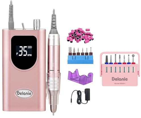 Delanie Ponceuse à Ongles Professionnelle 35000 RPM, lot avec Set de 7 Embouts de Ponçage 3/32 en Carbure de Tungstène & Diamant